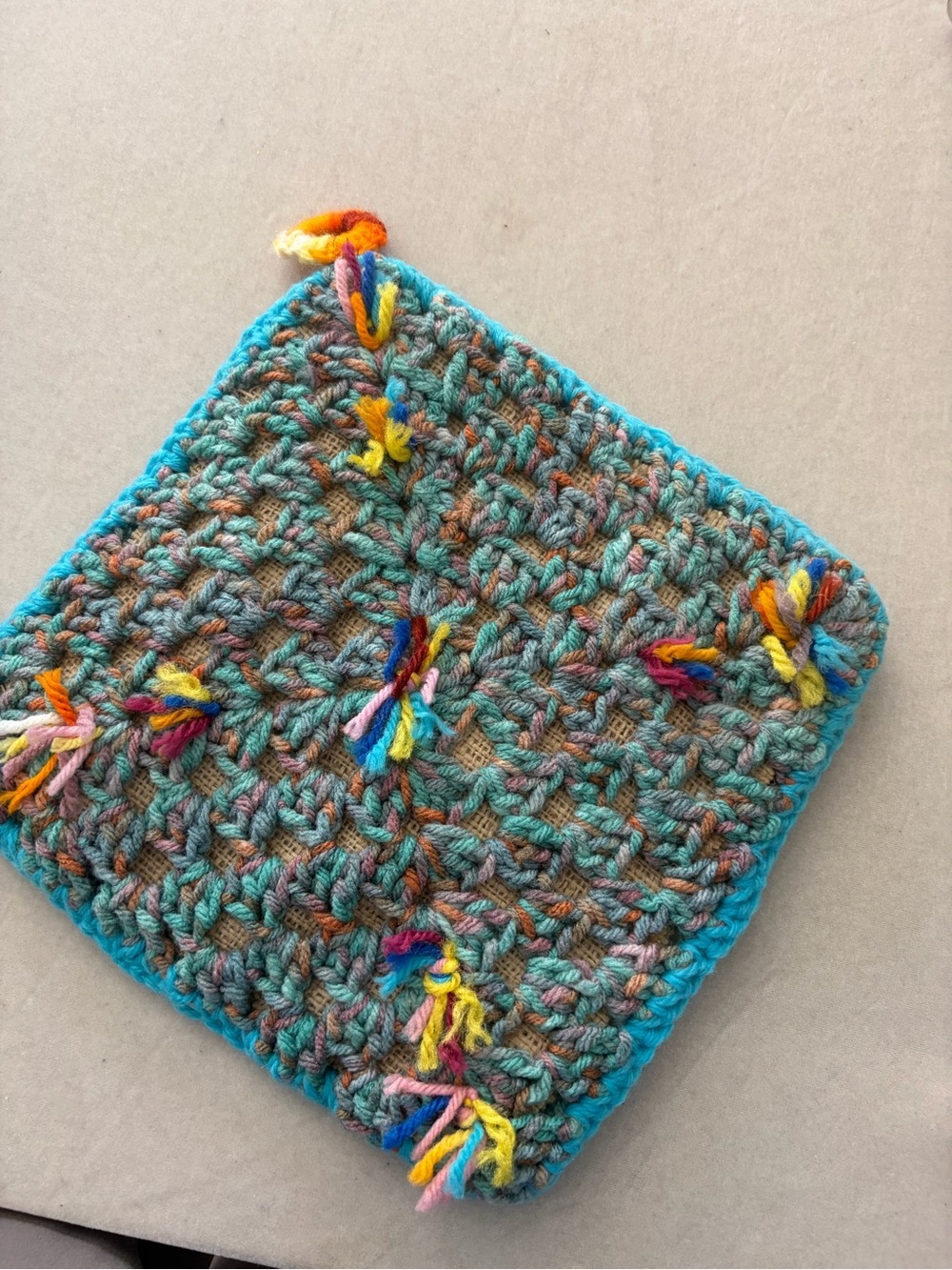 Handmade Multicolor Crochet Square with Turquoise Border